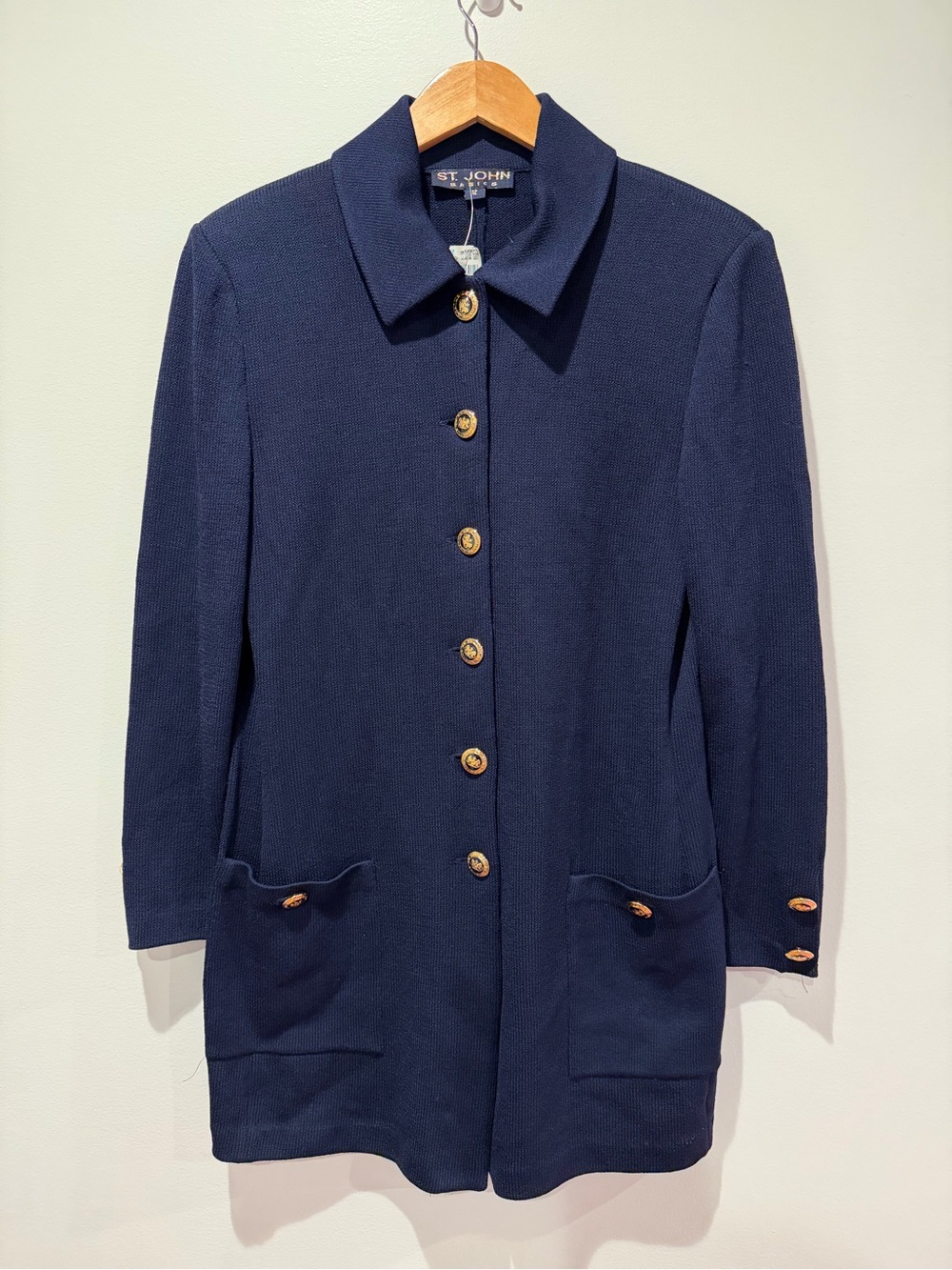 St. John Navy Knit Button-Front Cardigan with Gold Buttons